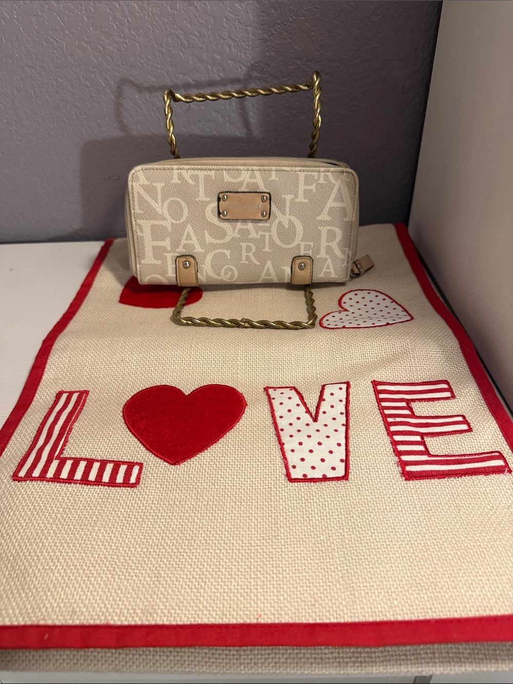Franco Sarto Beige Logo-Print Top-Handle Mini Bag with Gold-Tone Handle